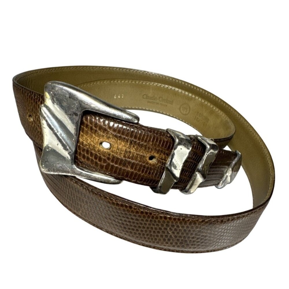 Claudio Orciani Brown Genuine Leather Belt W/Snake Print & Silver Buckle Design